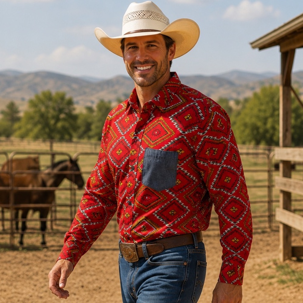 KOTO Flannel Shirt Men’s M Aztec Southwest Patch Pocket Diamond Cowboy Cotton